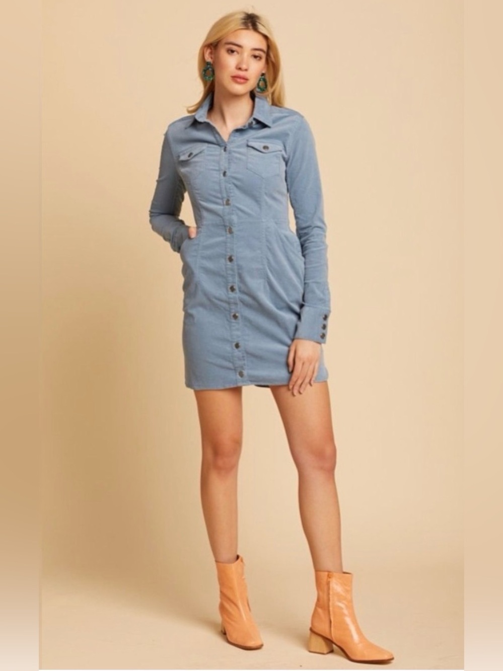 Free People Dynomite Corduroy Mini Dress Dusty Blue NWT Size M
